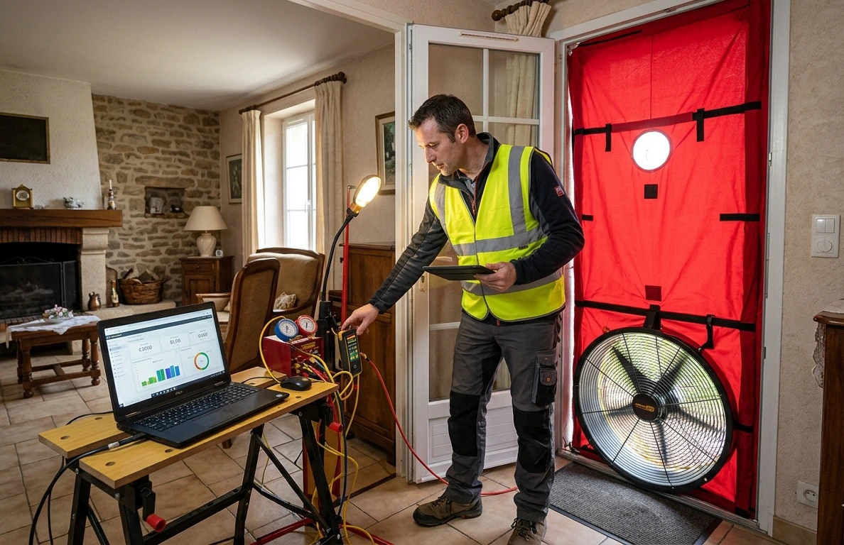 Audit énergétique, test d'étanchéité à l'air (blower door) dans un logement