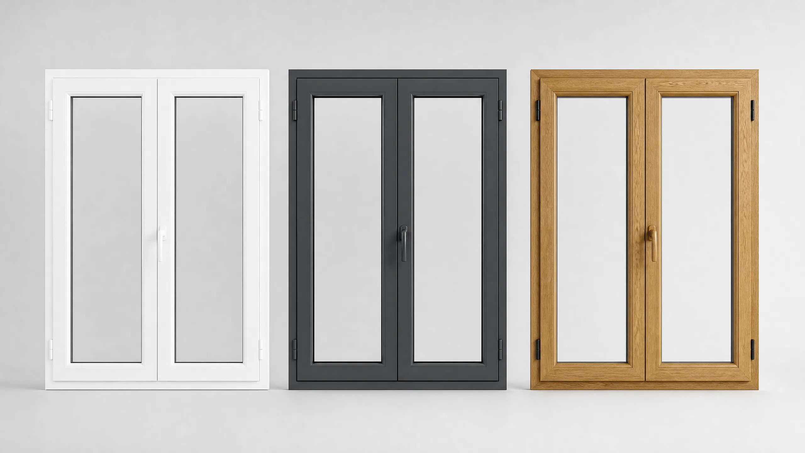Comparatif fenêtres PVC, aluminium et bois, trois matériaux côte à côte
