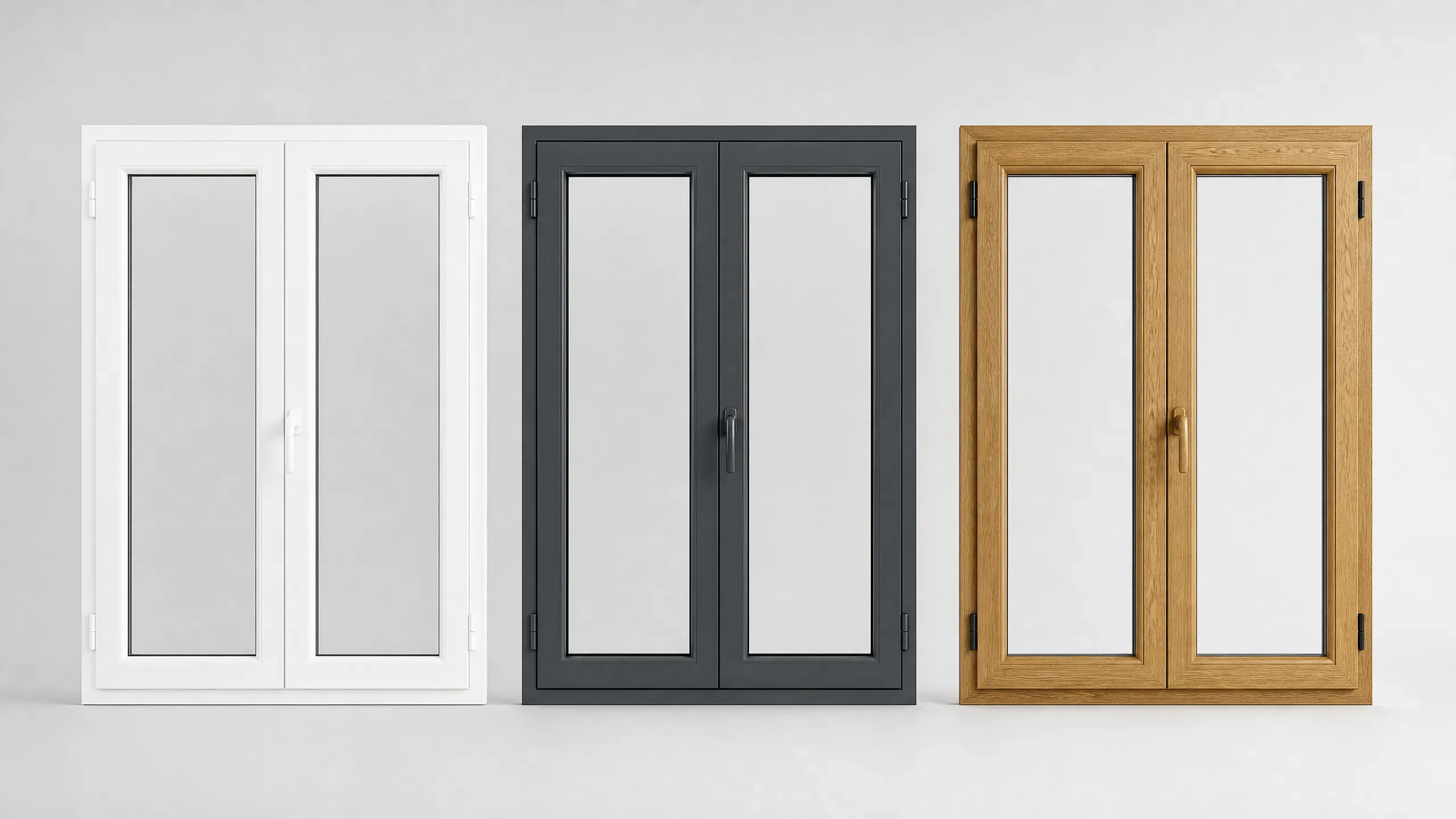 Comparatif fenêtres PVC, aluminium et bois, trois matériaux côte à côte