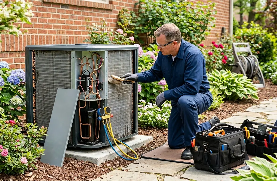 Entretien annuel PAC, technicien nettoyant l'évaporateur de la pompe à chaleur