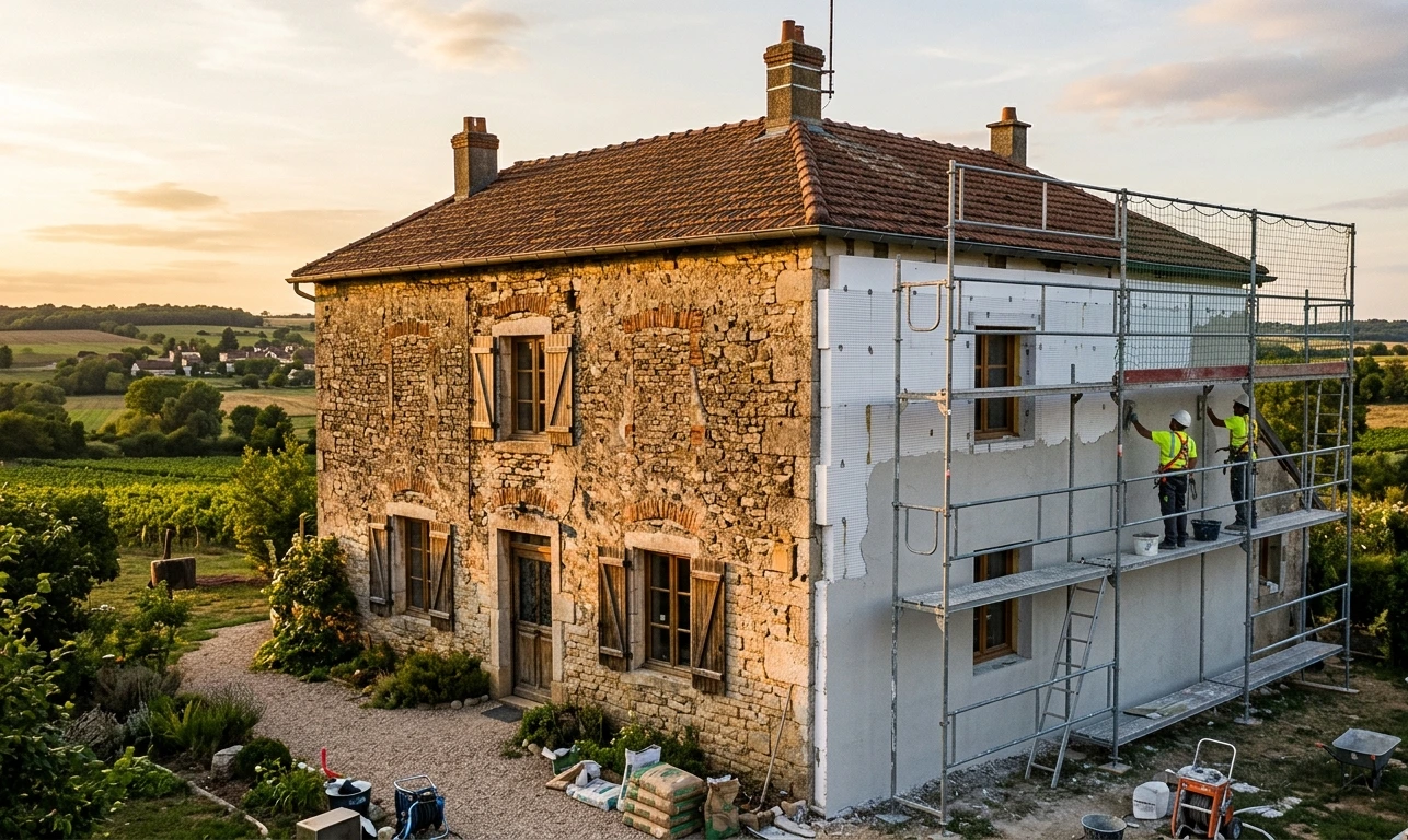 Isolation maison, travaux d'ITE en cours sur façade, avant et pendant