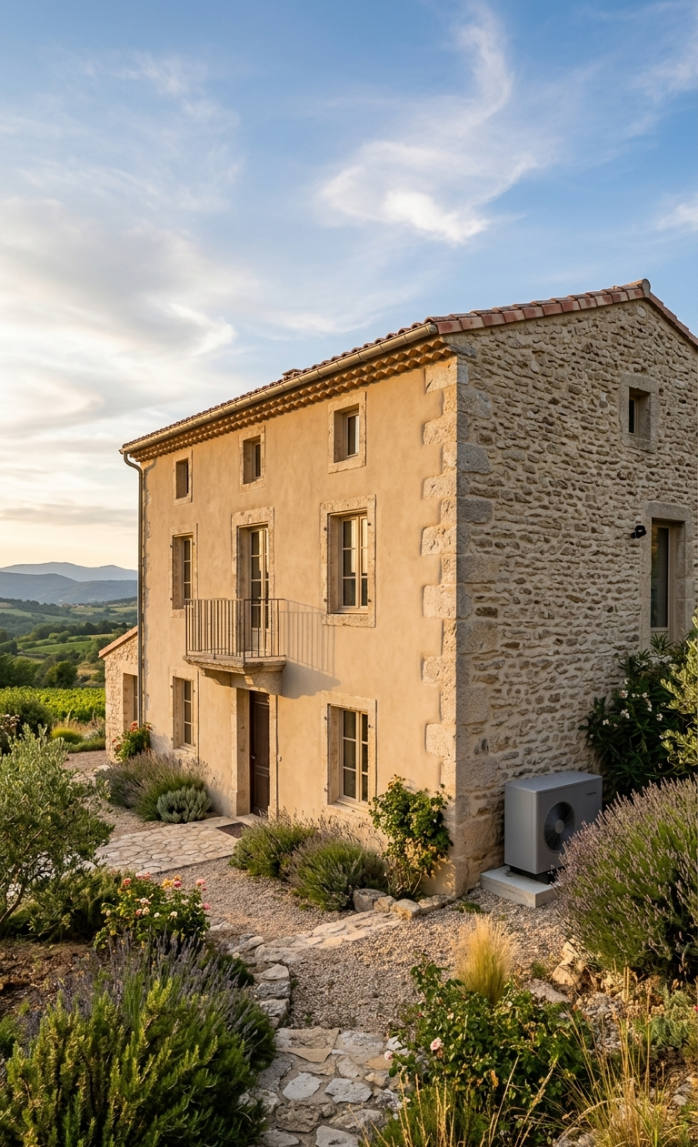 Maison en pierre rénovée en Ardèche avec isolation extérieure et pompe à chaleur