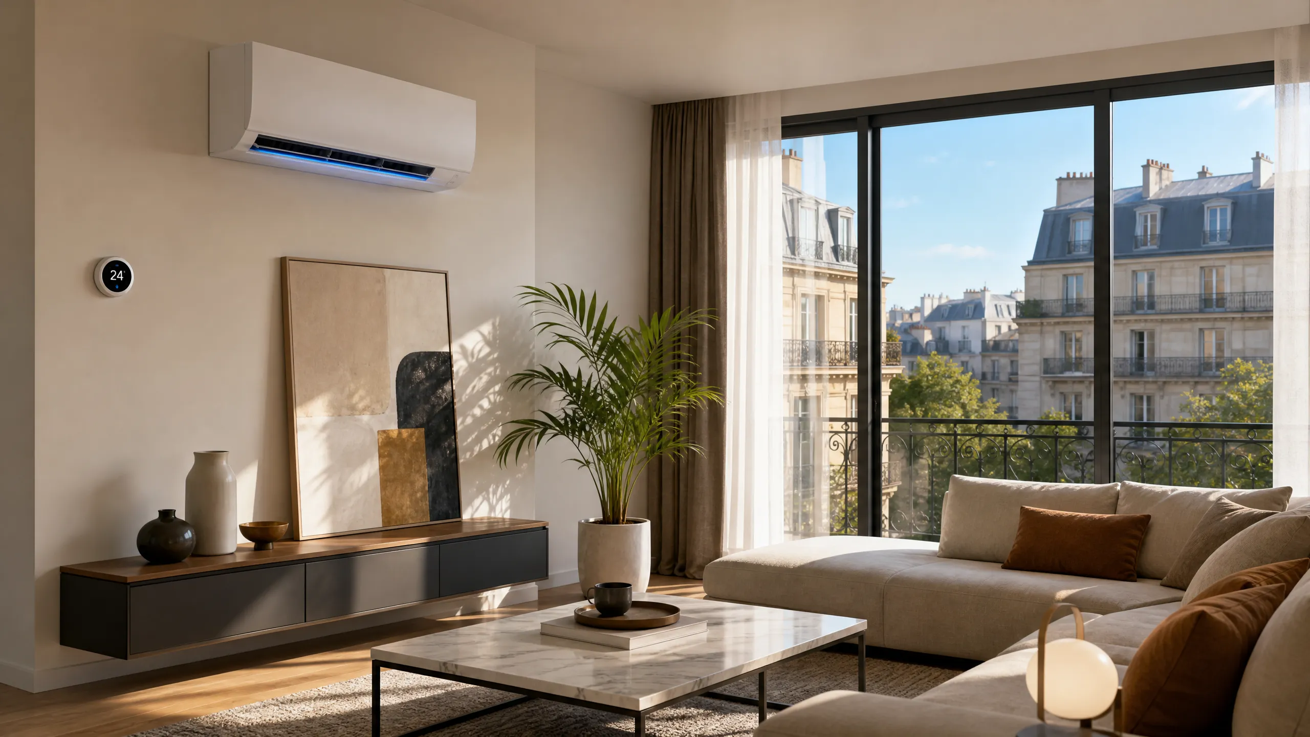 PAC air/air réversible, climatisation et chauffage par split mural dans un salon