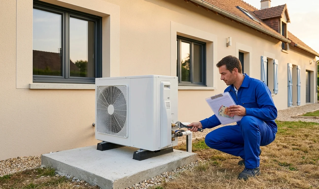 Prix installation PAC air/eau 2026, technicien installant une pompe à chaleur