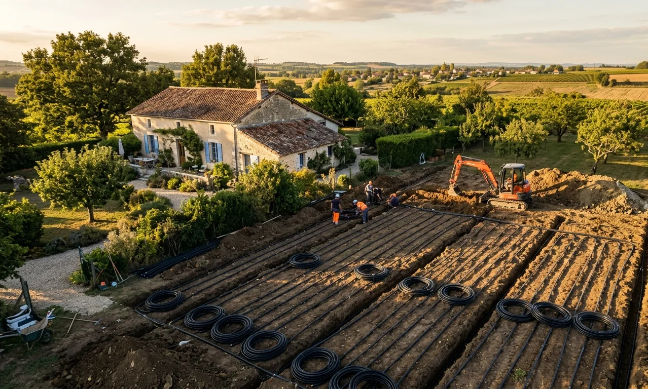 PAC géothermique, pose des capteurs horizontaux dans le jardin
