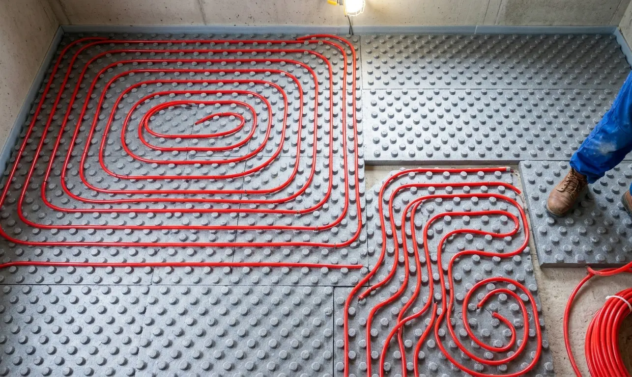 Installation plancher chauffant hydraulique, pose des tubes PER en serpentin