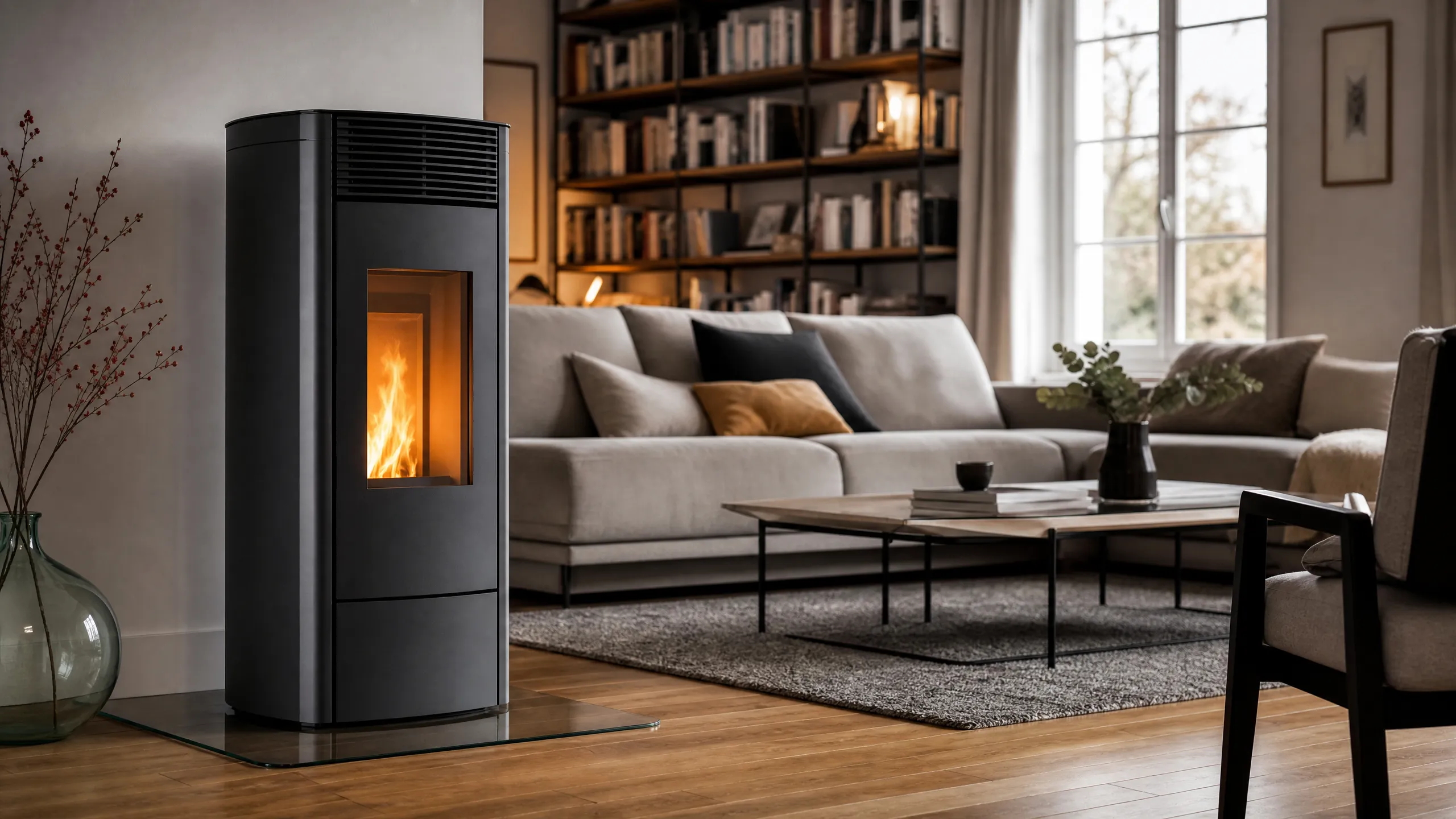 Poêle à granulés design dans un salon, chauffage bois économique et esthétique