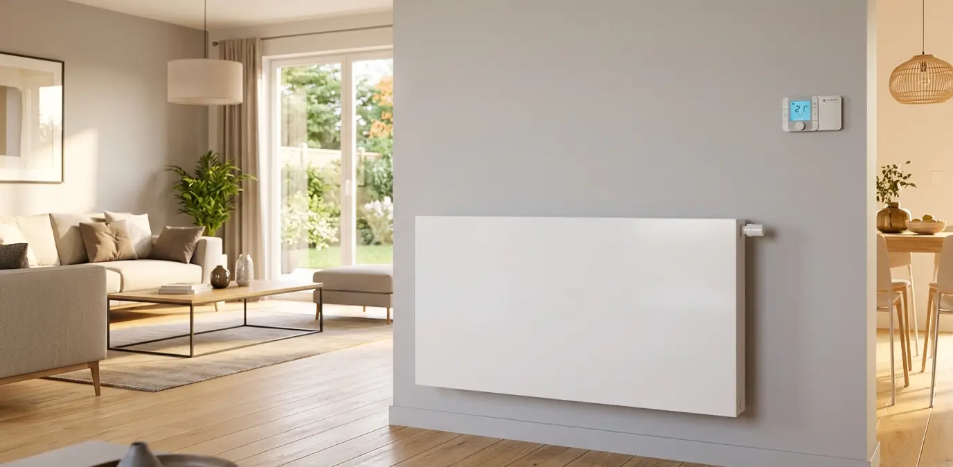 Radiateur basse température dans un salon, compatible pompe à chaleur