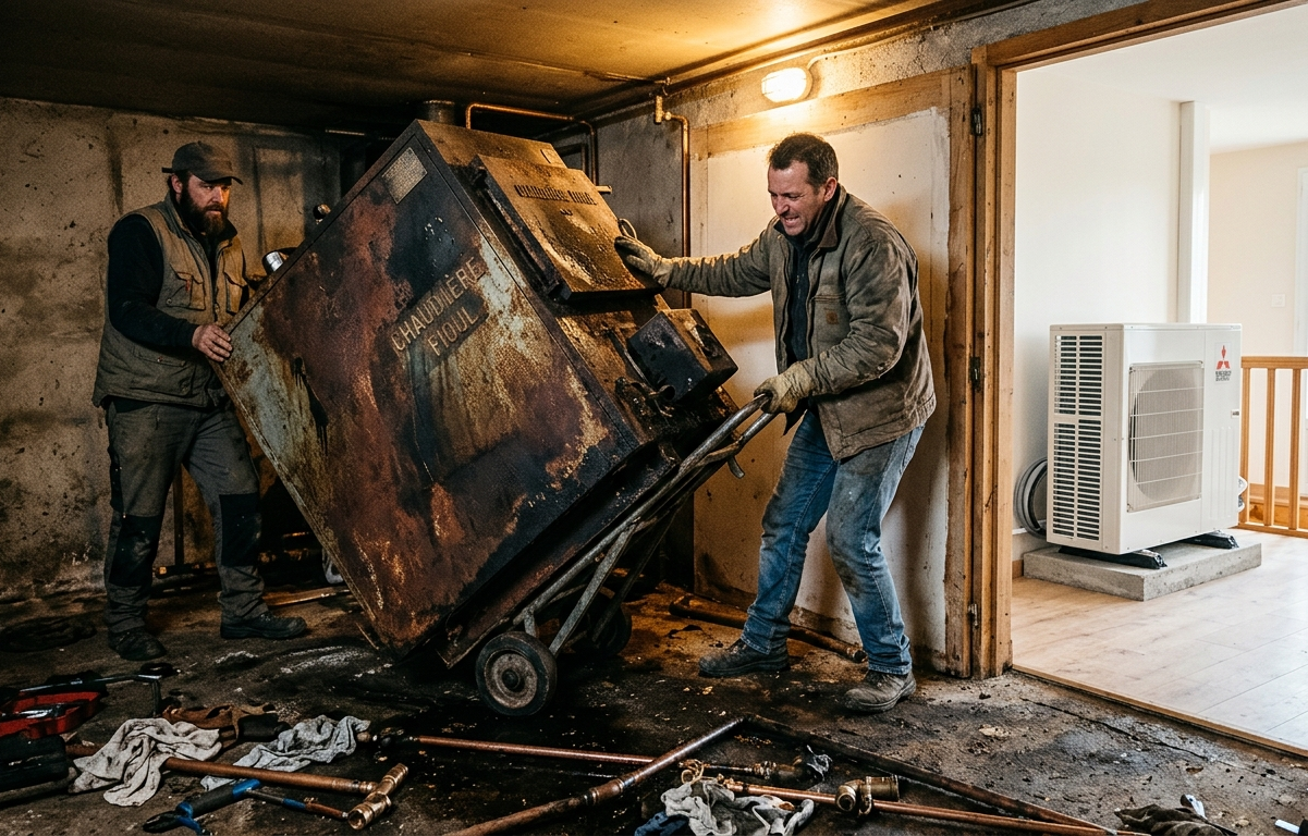 Remplacement chaudière fioul par pompe à chaleur, dépose et installation