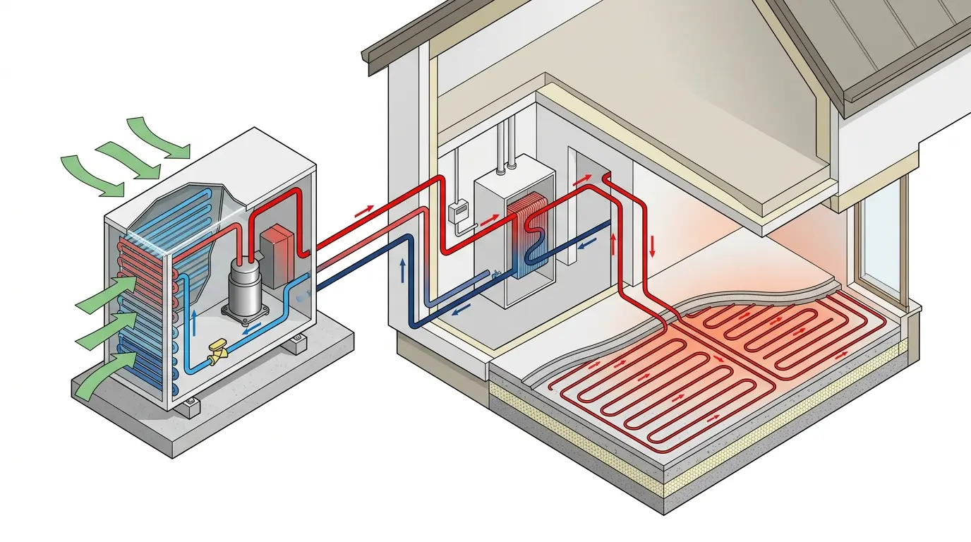 Schéma de fonctionnement pompe à chaleur air/eau, circuit frigorifique et distribution