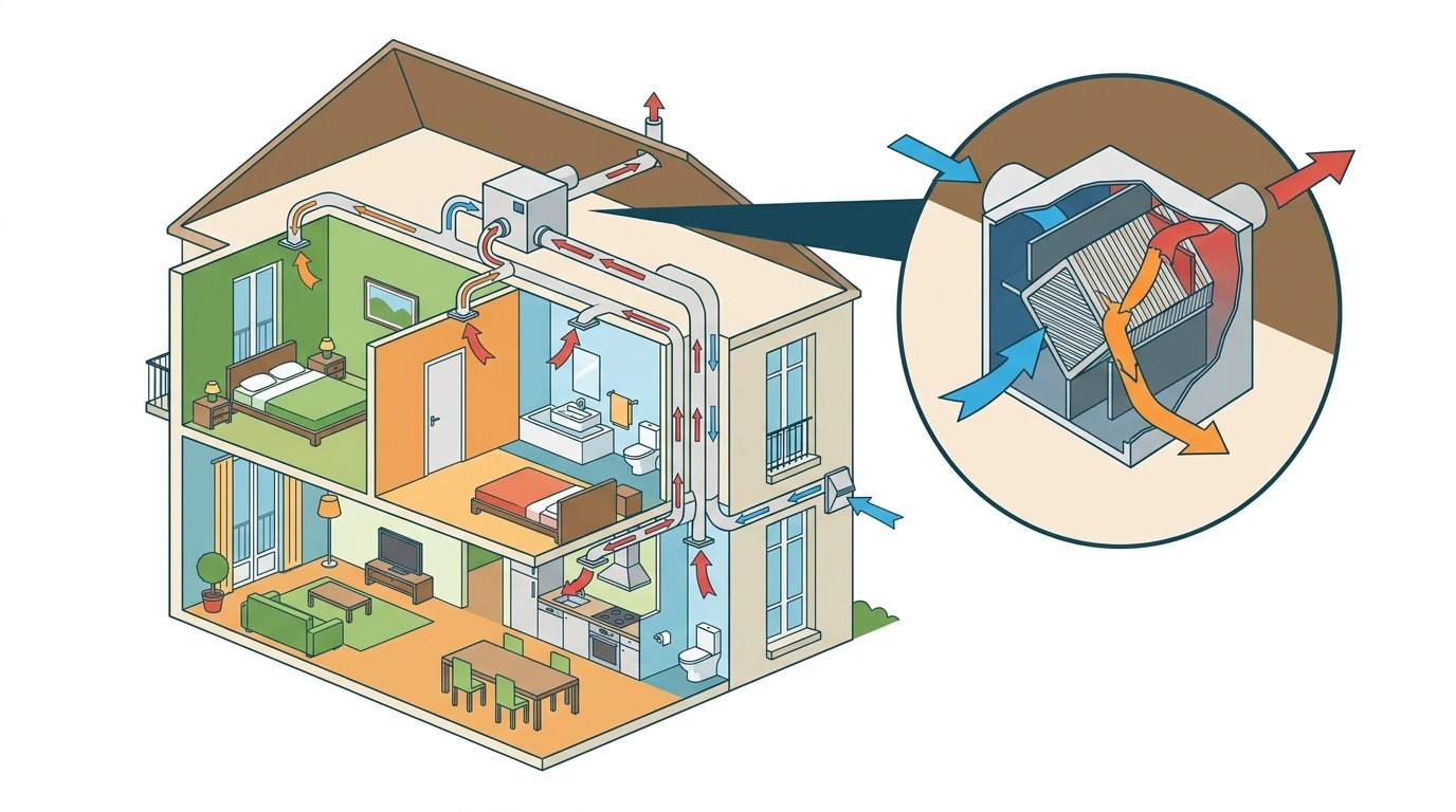 Schéma VMC double flux, circulation d'air et récupération de chaleur dans une maison