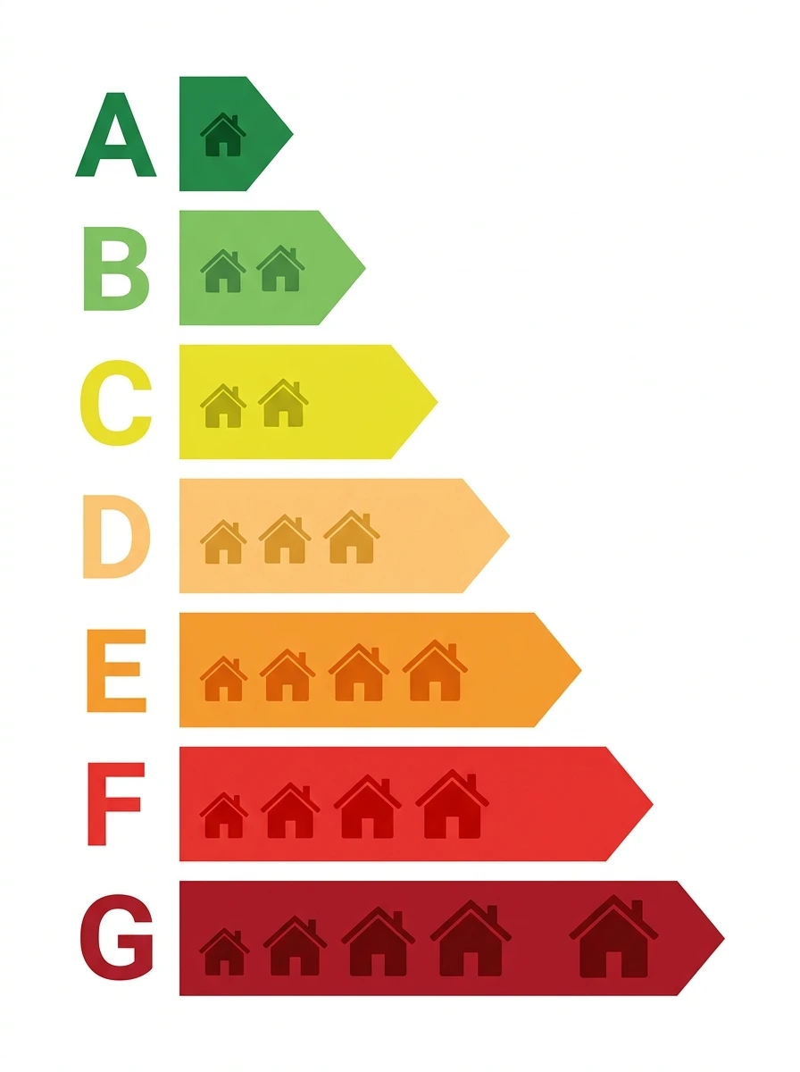 Échelle DPE, classes énergie de A (très performant) à G (passoire thermique)
