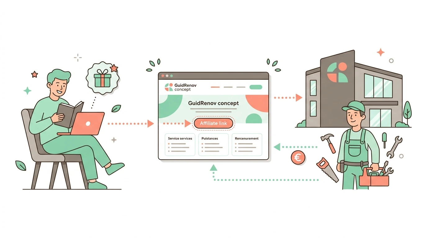 Schéma du modèle d'affiliation — contenu gratuit financé par les commissions partenaires
