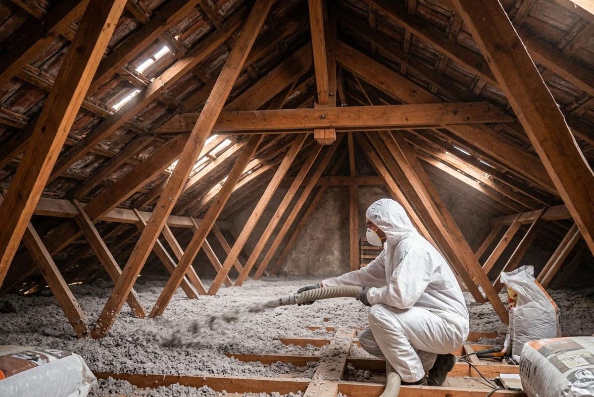 Isolation combles perdus par soufflage, ouate de cellulose entre solives