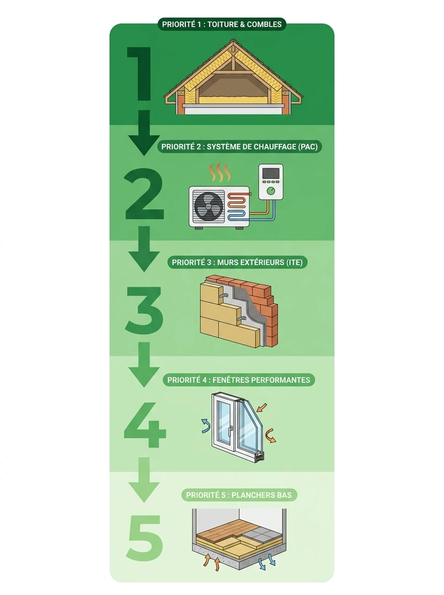 Ordre des travaux d'isolation, toiture, chauffage, murs, fenêtres, plancher
