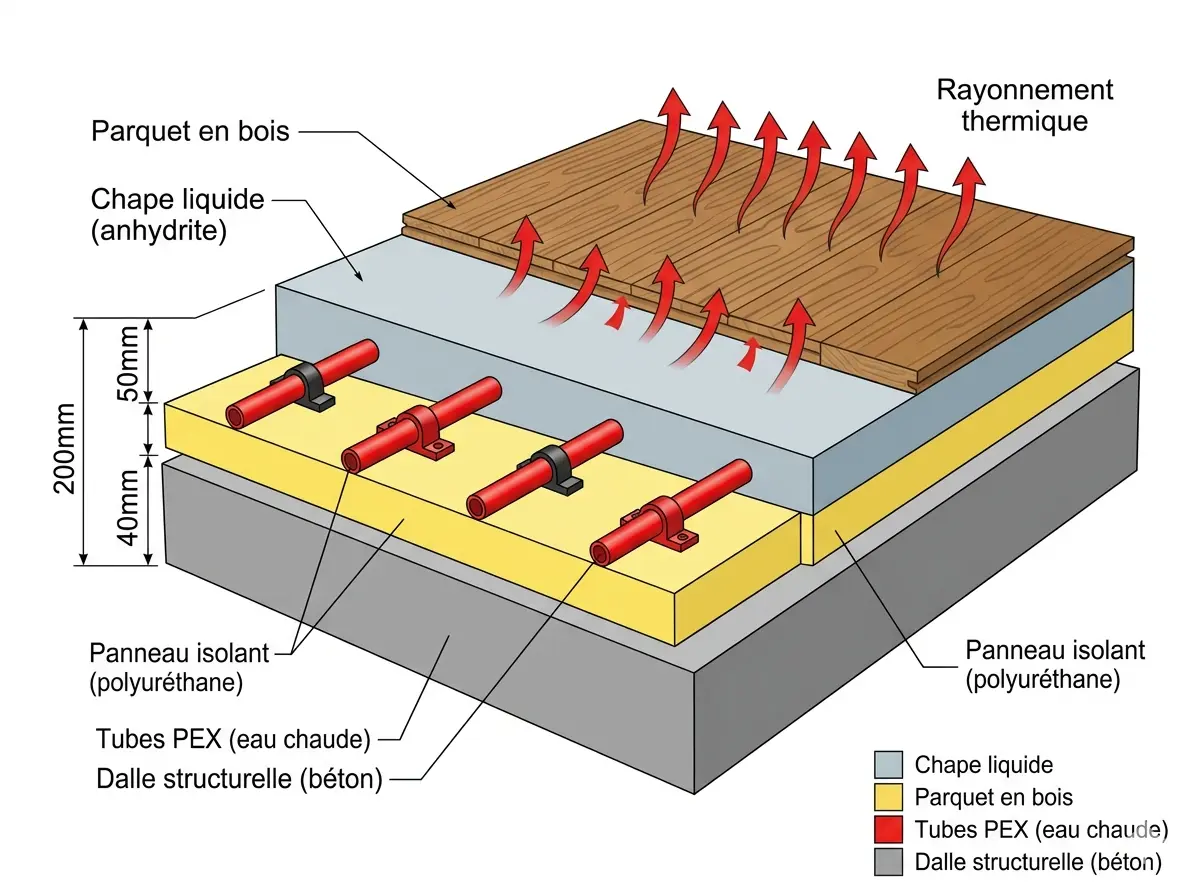 Coupe plancher chauffant, isolant, tubes PER, chape fluide, revêtement