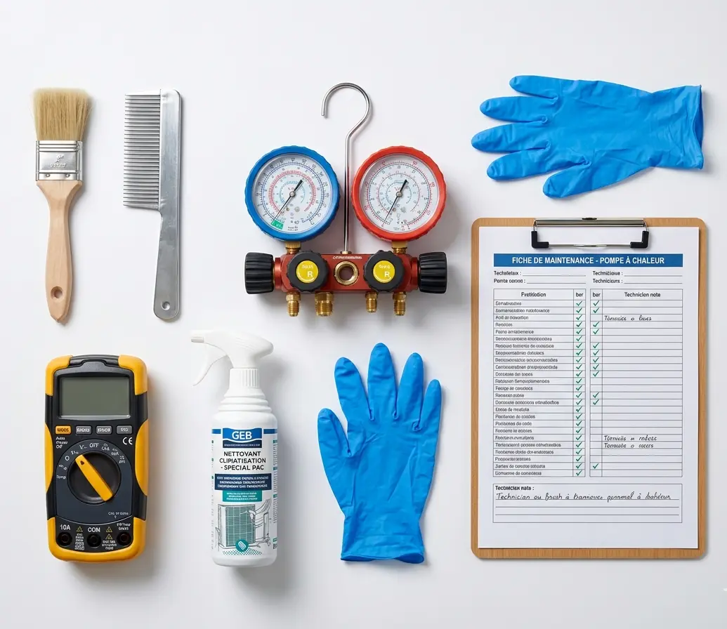 Outils et checklist entretien PAC, manomètres, brosse, nettoyant, multimètre