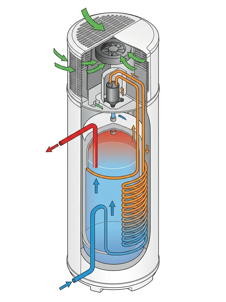 Schéma fonctionnement chauffe-eau thermodynamique, circuit frigorifique et ballon