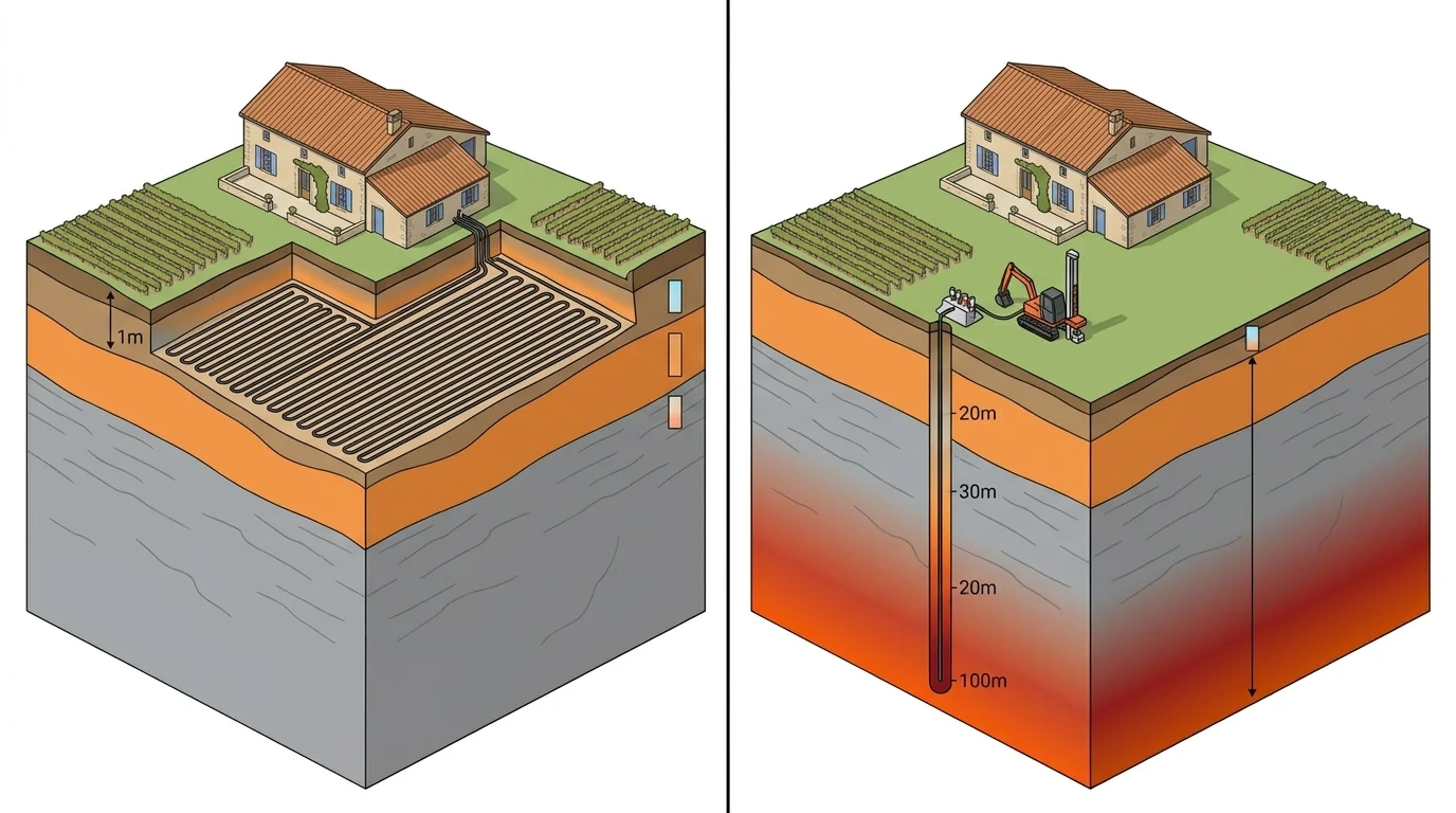 Captage géothermique, comparatif horizontal (jardin) vs vertical (forage 100m)