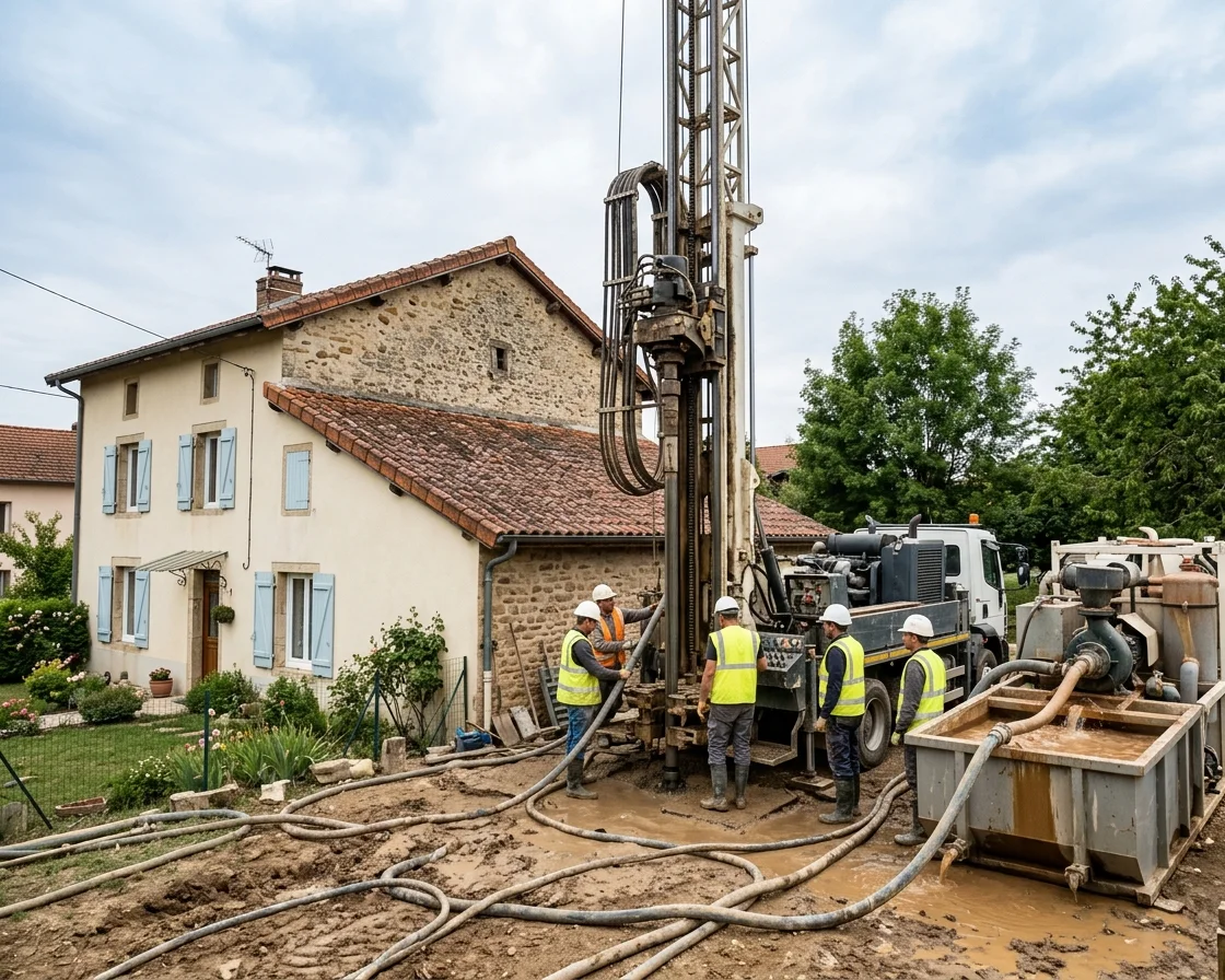 Forage géothermique vertical, chantier de sonde sur terrain résidentiel