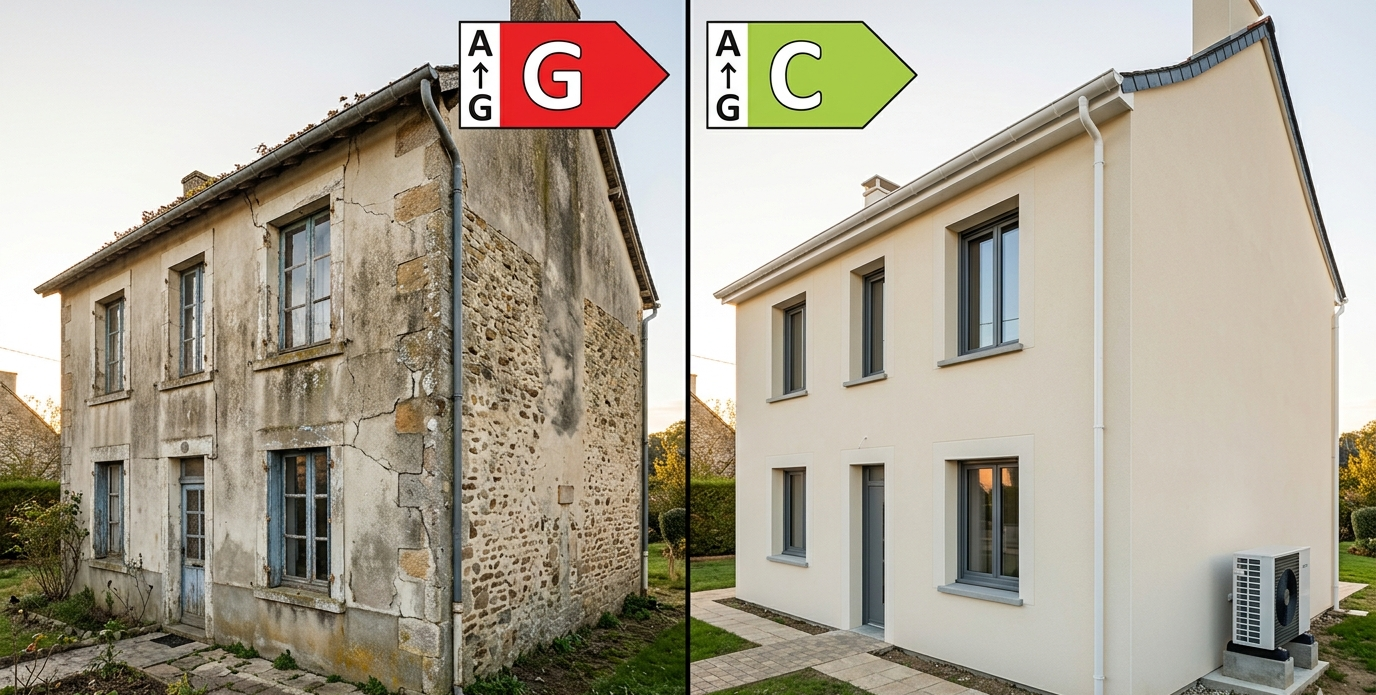 Avant/après rénovation, passage de passoire thermique G à classe DPE C