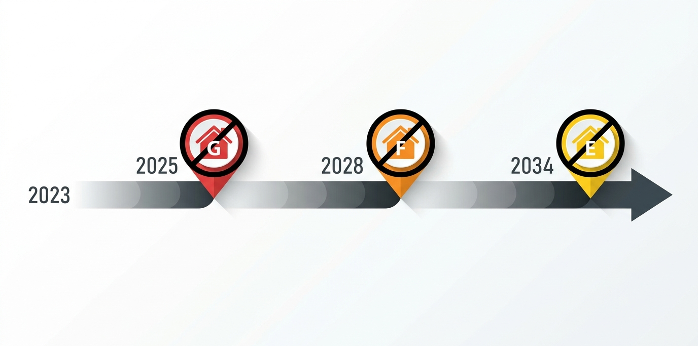 Calendrier interdiction location, DPE G (2025), F (2028), E (2034)