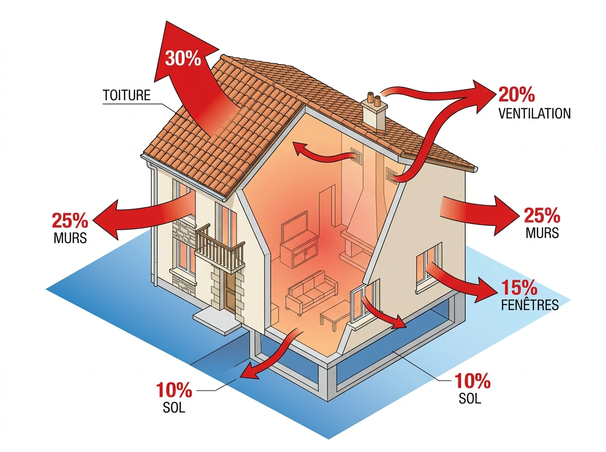 Répartition des déperditions thermiques, toiture 30%, murs 25%, fenêtres 15%