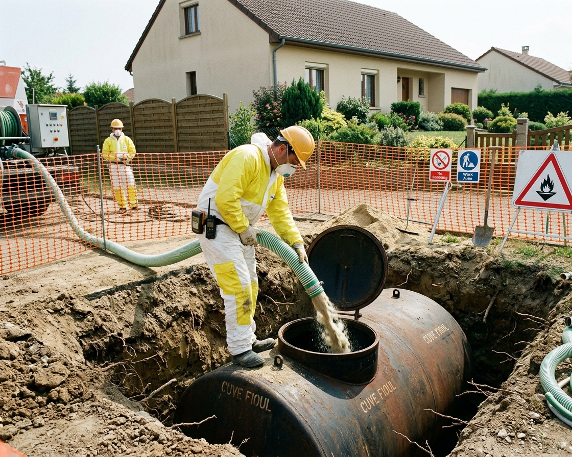 Neutralisation cuve fioul, dégazage et remplissage par matériau inerte