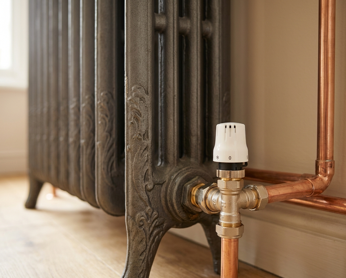 Radiateurs en fonte avec robinets thermostatiques, compatibles PAC haute température