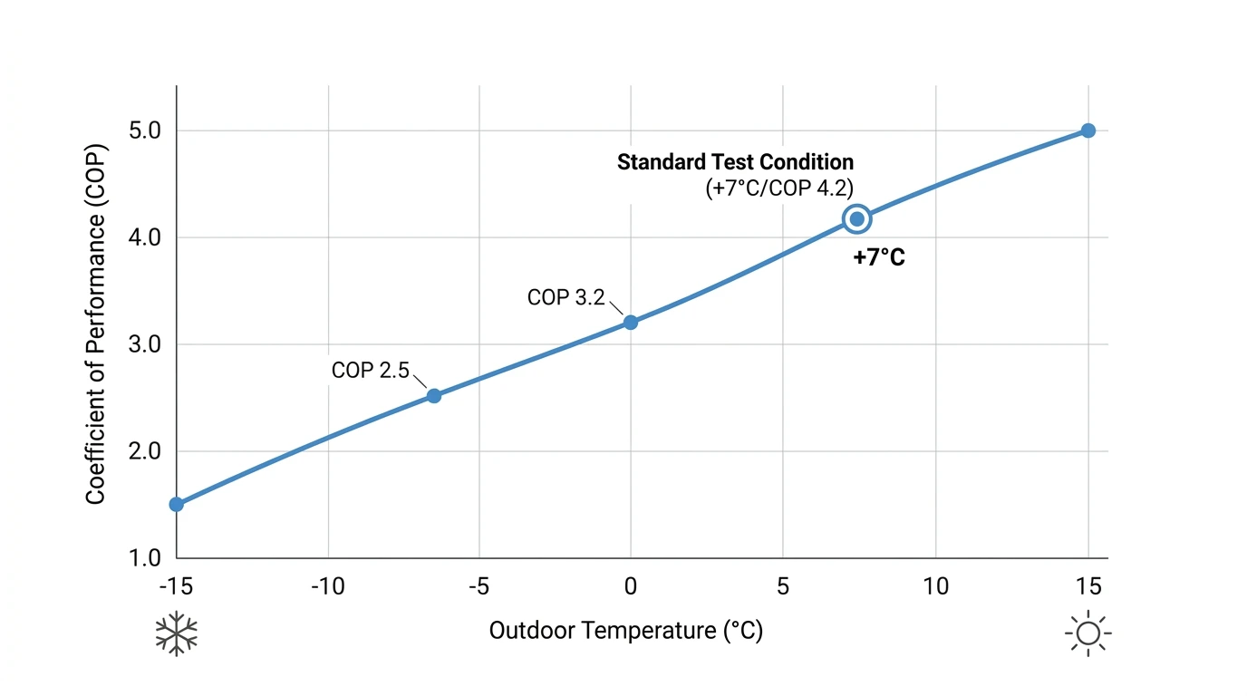 Courbe COP pompe à chaleur selon température extérieure, de -15°C à +15°C