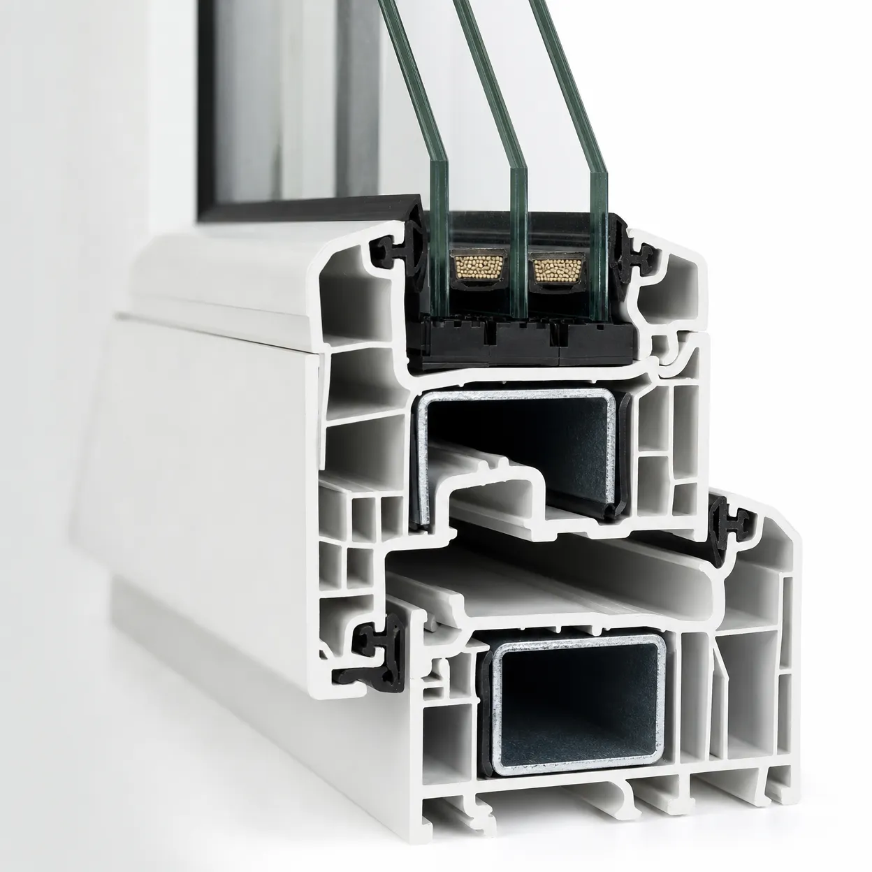 Coupe transversale profil fenêtre, chambres d'isolation et triple vitrage