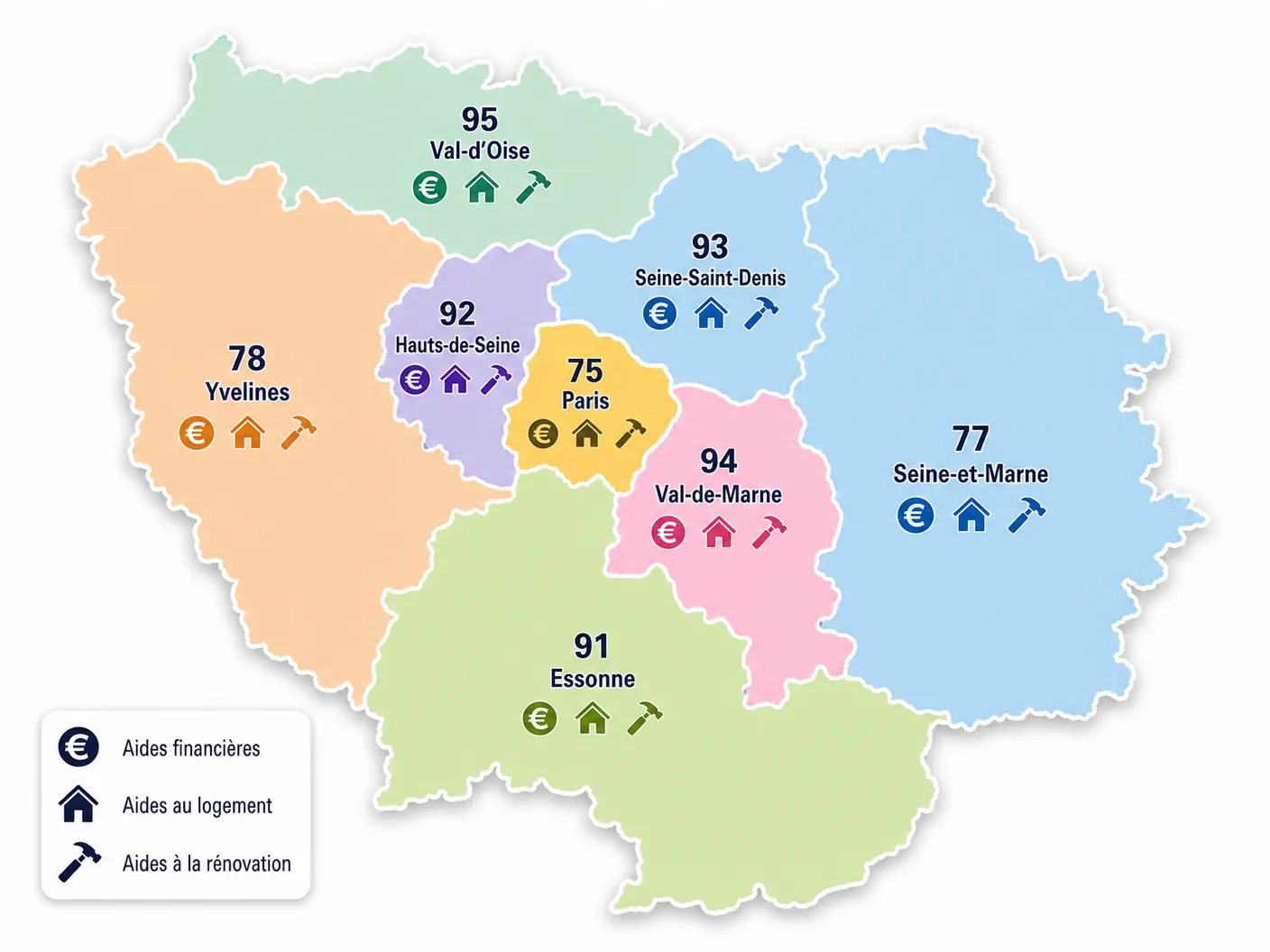 Carte Île-de-France, aides rénovation par département 75 à 95
