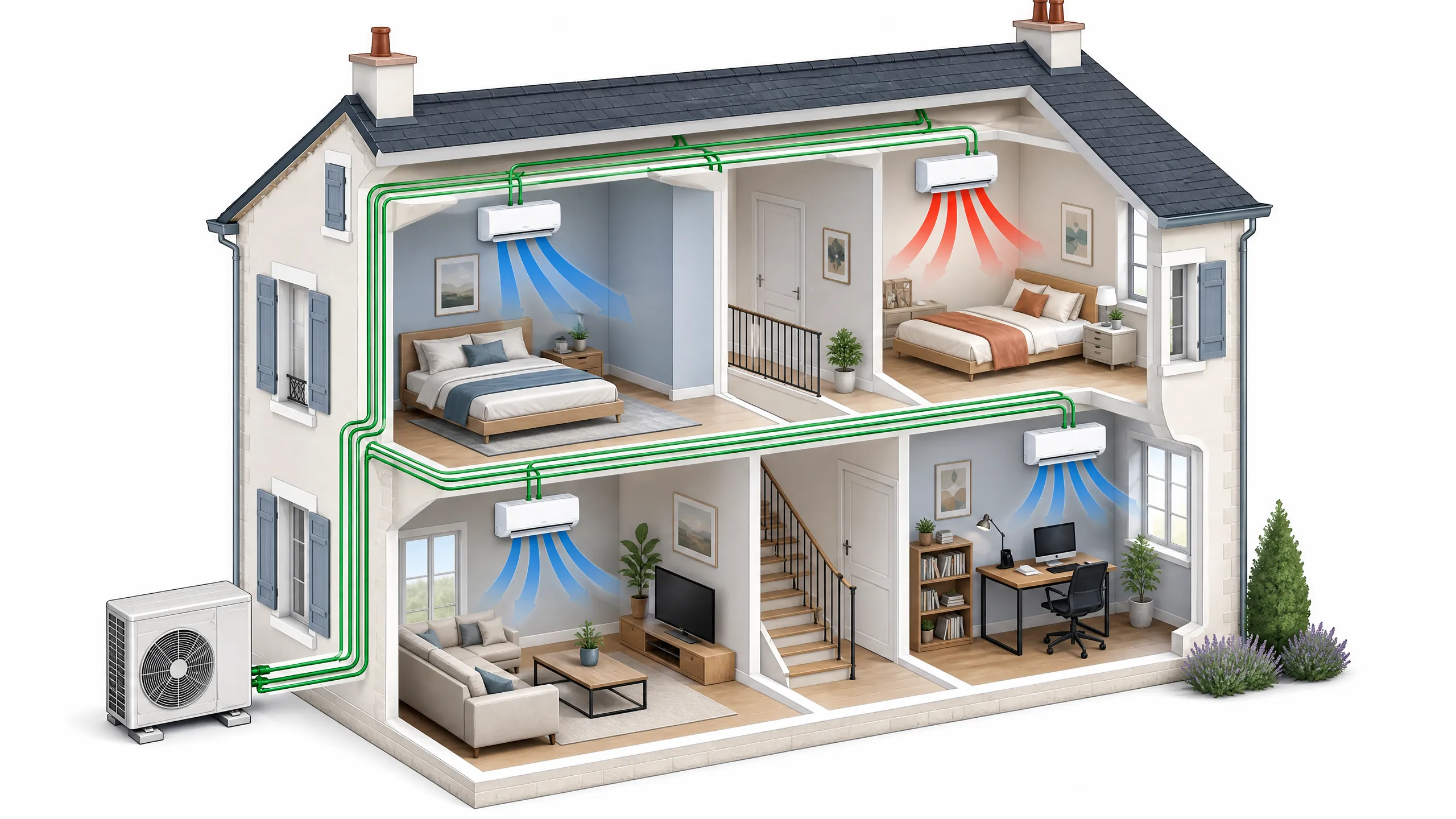 Système multi-split PAC air/air, une unité extérieure pour 4 pièces
