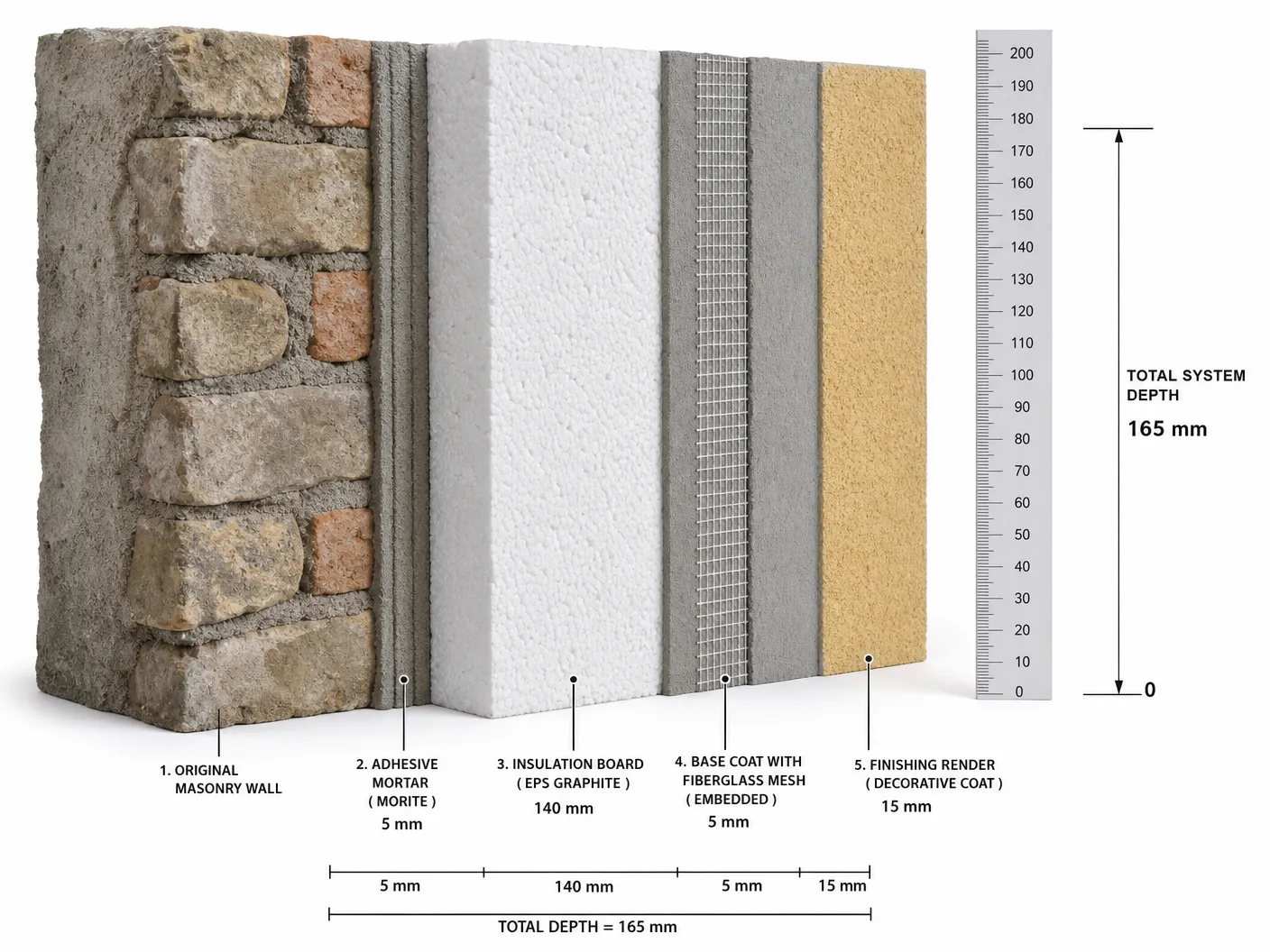 Coupe système ITE, mur, isolant, treillis, enduit de finition